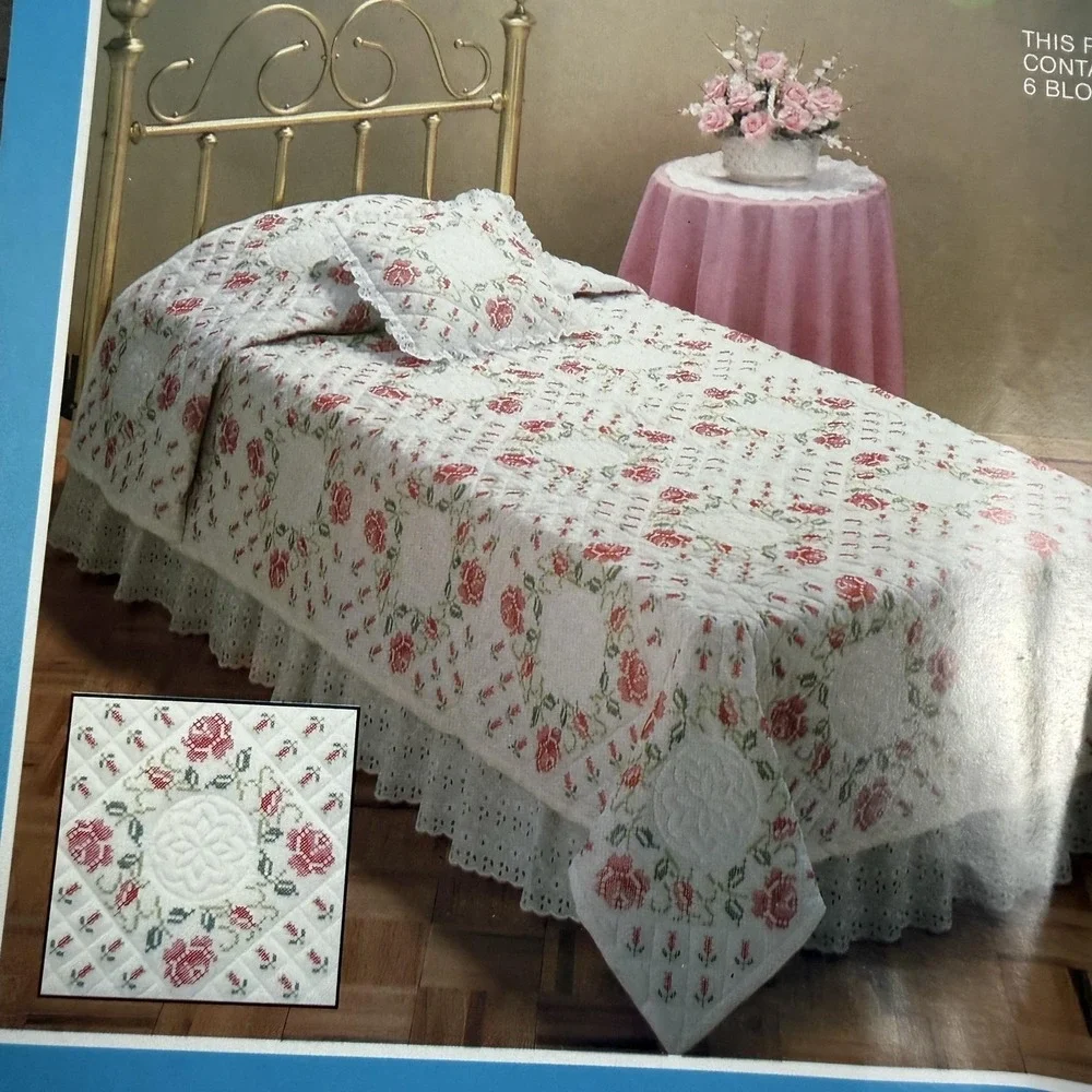 VTG WonderArt 1981 Colonial Rose Floral Quilt Blocks Cross Stitch Kit 18x18 OPEN